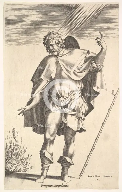 Empedocles, standing frontally with his head turned in three-quarter view, directs ..., ca. 1545-63. Creator: Rene Boyvin.