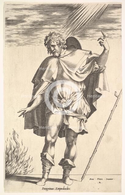 Empedocles, standing frontally with his head turned in three-quarter view, directs ..., ca. 1545-63. Creator: Rene Boyvin.