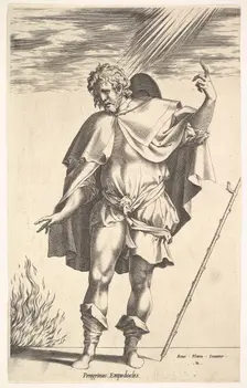 Empedocles, standing frontally with his head turned in three-quarter view, directs ..., ca. 1545-63. Creator: Rene Boyvin