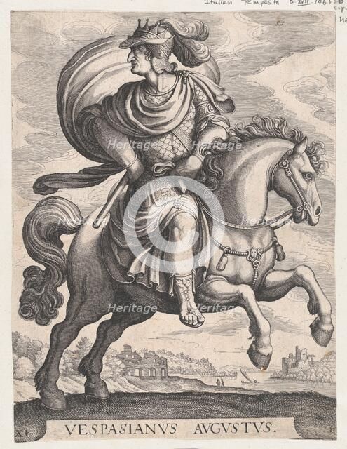 Emperor Vespasian on Horseback, from the series The First Twelve Roman Caesars, plate 1..., 1610-50. Creator: Matthaus Merian.