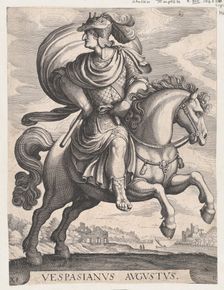 Emperor Vespasian on Horseback, from the series The First Twelve Roman Caesars, plate 1..., 1610-50. Creator: Matthaus Merian