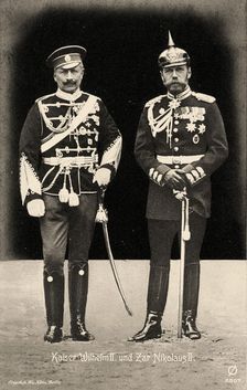 Emperor Wilhelm II of Germany (left) in Russian uniform, and Tsar Nicholas II of Russia..., 1905. Creator: Photo studio Franz Kühn, Berlin