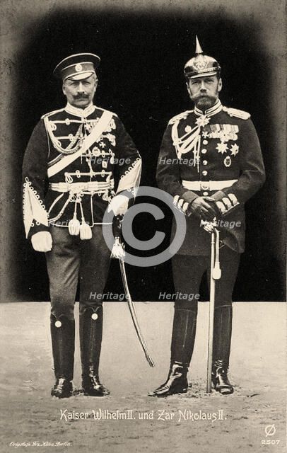 Emperor Wilhelm II of Germany (left) in Russian uniform, and Tsar Nicholas II of Russia..., 1905. Creator: Photo studio Franz Kühn, Berlin  .