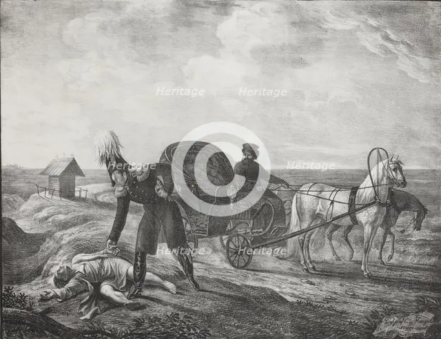Emperor Alexander I helps a needy person, 1820. Creator: Hampeln, Carl, von (1794-after 1880).