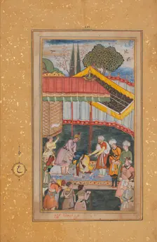Emperor Babur Receiving a Visitor, Folio from a Baburnama (The Book of Babur), ca. 1590. Creator: Unknown