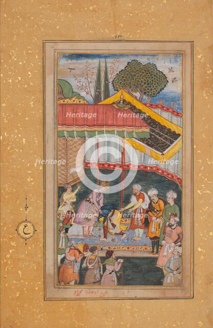 Emperor Babur Receiving a Visitor, Folio from a Baburnama (The Book of Babur), ca. 1590. Creator: Unknown.