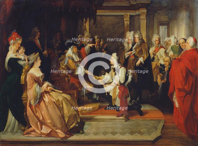 Emperor Charles VI hands over the sword of honor to Prince Eugene after the Battle of Belgrade, 1865 Creator: Mantler, August Wenzel (1830-1914).