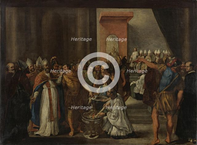 Emperor Constantine burning Arian books, 1640s. Artist: Magnone, Carlo (?-1653)