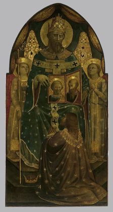 Emperor Constantine in front of Pope Sylvester I Showing Depictions of Sts Peter and Paul..., 1450. Creator: Andrea di Giusto