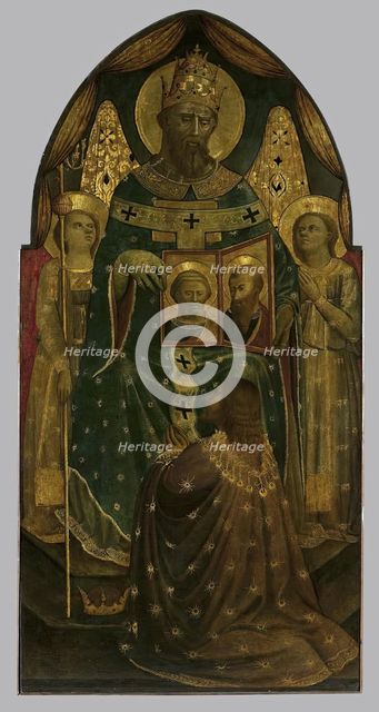 Emperor Constantine in front of Pope Sylvester I Showing Depictions of Sts Peter and Paul..., 1450. Creator: Andrea di Giusto.
