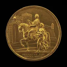 Emperor Joseph II and Abundance Approaching a City Gate [reverse], 1773. Creator: Johann Martin Krafft