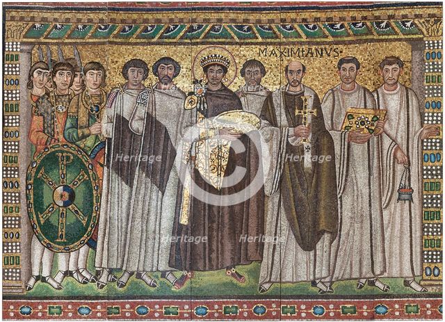 Emperor Justinian and Members of His Court, Byzantine, early 20th century (original dated 6th cent). Creator: Unknown.