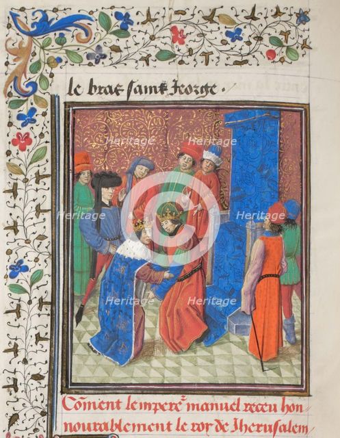 Emperor Manuel I Komnenos meets with king Amalric I of Jerusalem. Miniature from the Historia by William of Tyre, 1460s. Artist: Anonymous  