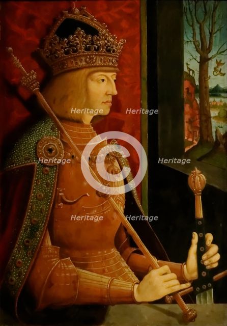 Emperor Maximilian I (1459-1519), with crown, sceptre, and sword, c. 1500. Artist: Strigel, Bernhard (ca 1460-1528)