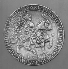 Emperor Maximilian I on Horseback. Thaler Coin from Hall. Artist: Ursentaler, Ulrich, the Elder (active 1508-1535)