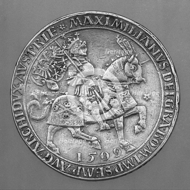 Emperor Maximilian I on Horseback. Thaler Coin from Hall. Artist: Ursentaler, Ulrich, the Elder (active 1508-1535)