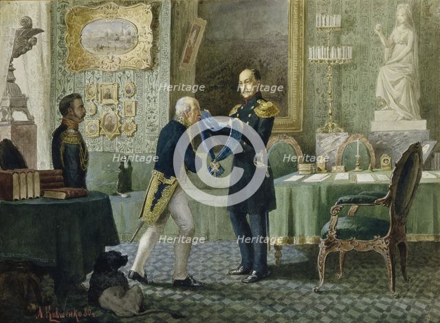 Emperor Nicholas I awards the blue riband of the Order of St. Andrew to Count Michail Speransky, 1880. Artist: Kivshenko, Alexei Danilovich (1851-1895)