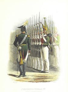 Emperor Nicholas I reviewing his guard, 1855. Creators: Boyer, Charles-Amédée Colin
