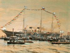 Emperor Nicholas II visiting his Yacht Polestar, 1908. Artist: Beggrov, Alexander Karlovich (1841-1914)