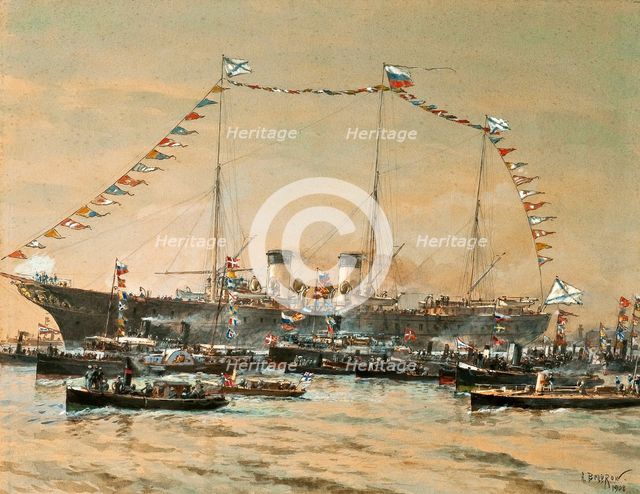 Emperor Nicholas II visiting his Yacht Polestar, 1908. Artist: Beggrov, Alexander Karlovich (1841-1914)