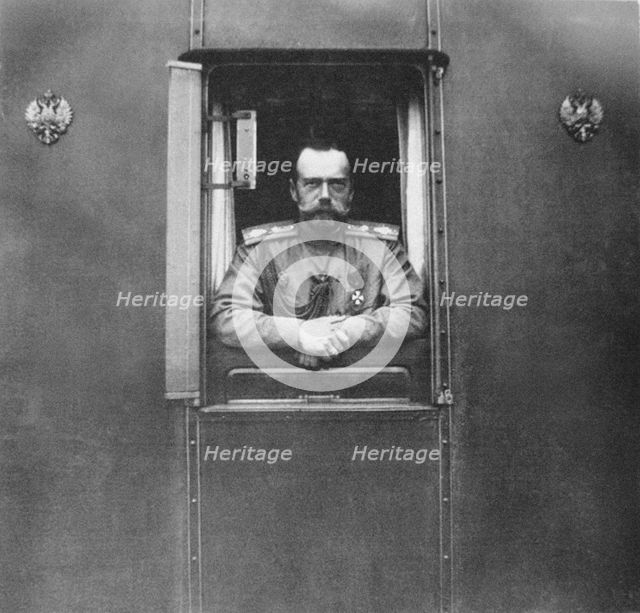 Emperor Nicholas II at window of the own railroad car, 1917. Artist: Anonymous  
