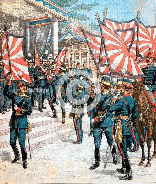 Emperor of Japan presenting colours to Japanese regiments, 1904. Artist: Unknown