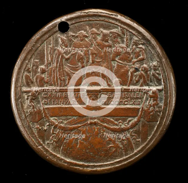 Emperor, Pope, and Cardinals on Ponte Sant' Angelo [reverse], 1468/1469. Creator: Bertoldo di Giovanni.