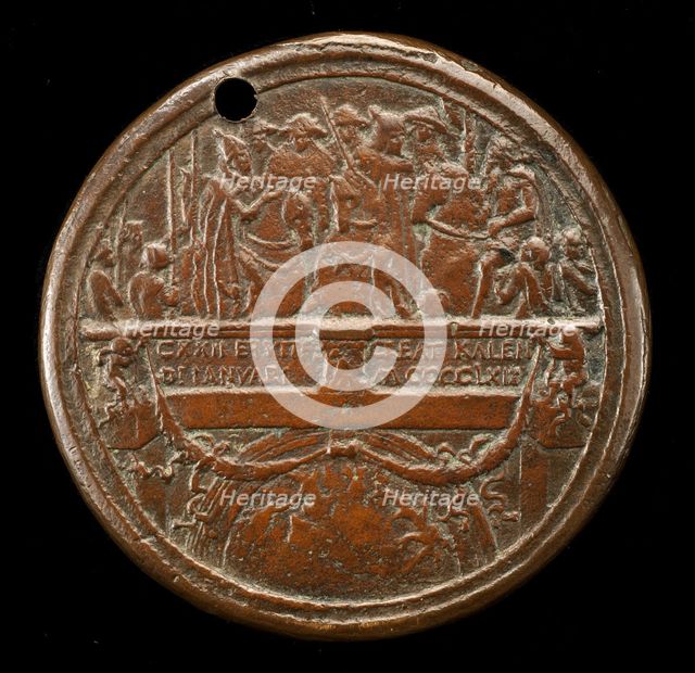 Emperor, Pope, and Cardinals on Ponte Sant' Angelo [reverse], 1468/1469. Creator: Bertoldo di Giovanni.