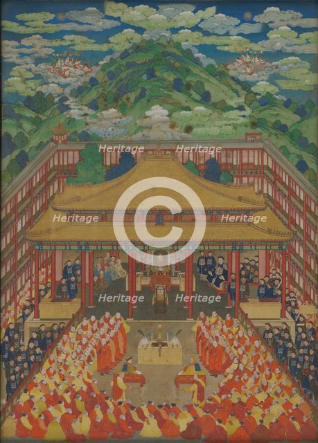 Emperor Qianlong receives Ubashi Khan, the Torghut ruler of the Kalmyk Khanate, at the Putuo... Creator: Anonymous.