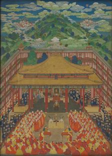 Emperor Qianlong receives Ubashi Khan, the Torghut ruler of the Kalmyk Khanate, at the Putuo... Creator: Anonymous
