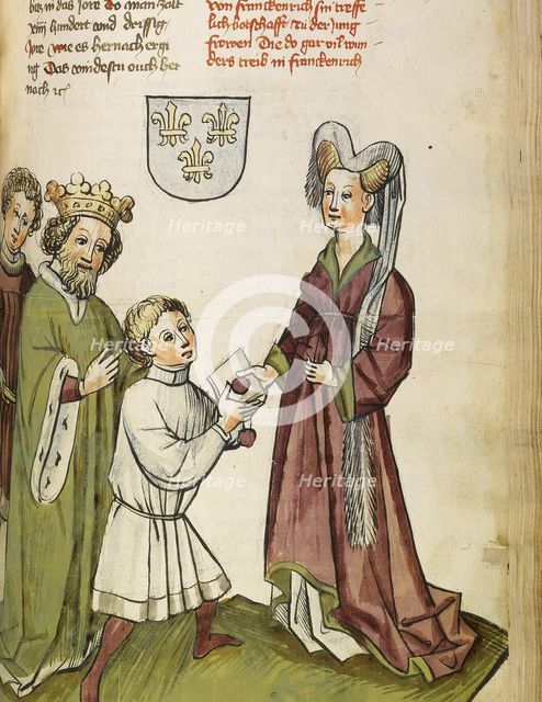 Emperor Sigismund before Joan of Arc (From: The life and times of the Emperor Sigismund by Eberhard Windeck), c. 1450. Artist: Lauber, Diebold, (Workshop)  