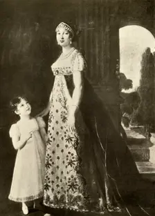 Empire gown and child's dress trimmed with Valenciennes lace 1804, (1937). Creator: Unknown