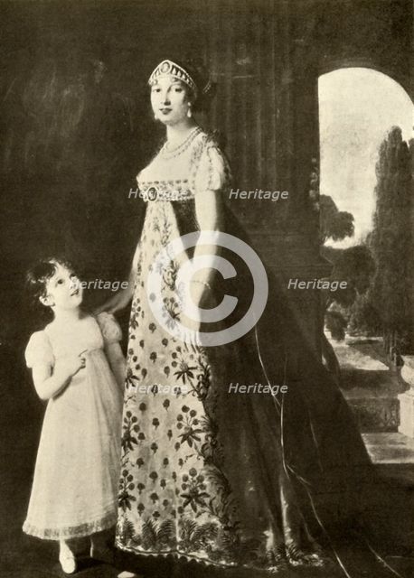 'Empire gown and child's dress trimmed with Valenciennes lace', 1804, (1937). Creator: Unknown.