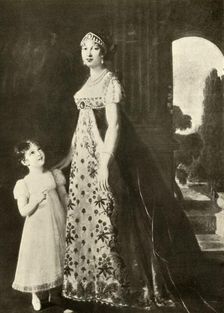 Empire gown and child's dress trimmed with Valenciennes lace 1804, (1937). Creator: Unknown