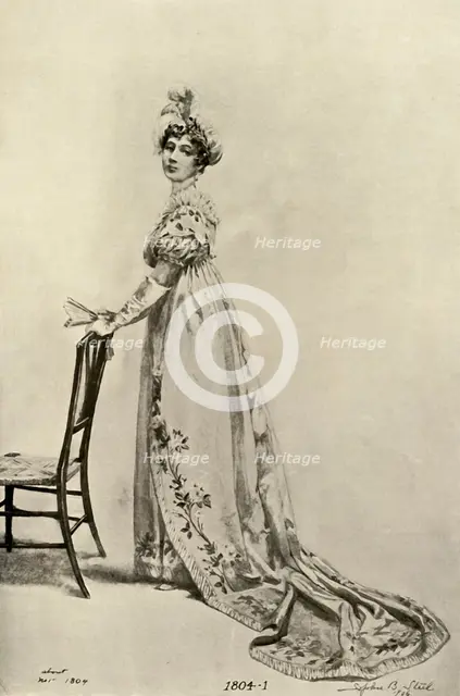 'Empire gown worn in Philadelphia, now in Memorial Hall', (1804), 1903, (1937). Creator: Sophie B Steel.