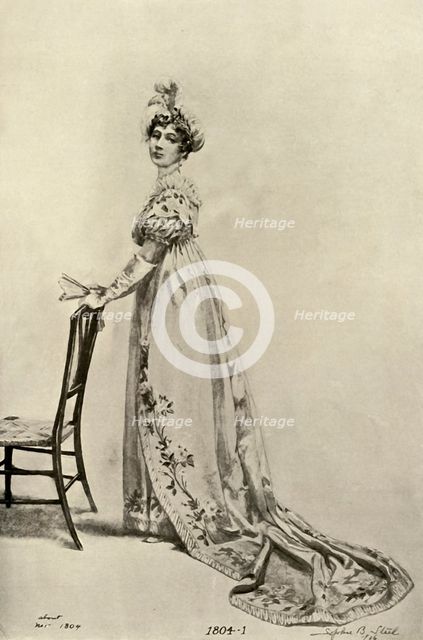 'Empire gown worn in Philadelphia, now in Memorial Hall', (1804), 1903, (1937). Creator: Sophie B Steel.