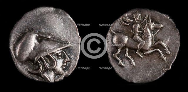 Emporiae coin. Obverse: Head of Athena with Corinthian helmet, 4th century BC. Artist: Numismatic, Ancient Coins  