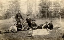Employees of the Znamensky glass factory on a forest walk in the vicinity of the village, 1910-1913. Creator: S. Ia. Mamontov