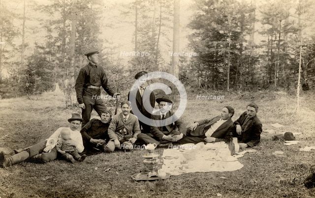 Employees of the Znamensky glass factory on a forest walk in the vicinity of the village, 1910-1913. Creator: S. Ia. Mamontov.