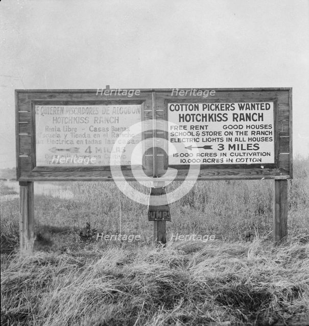 Employment signs in Spanish and English, near Fresno, California, 1933. Creator: Dorothea Lange.