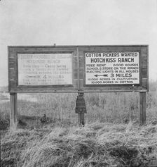 Employment signs in Spanish and English, near Fresno, California, 1933. Creator: Dorothea Lange