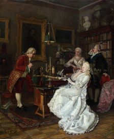 Empress Catherine II visiting the scholar Mikhail Lomonosov, 1884. Artist: Fyodorov, Ivan Kuzmich (1853-?)