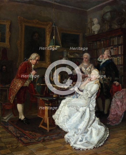 Empress Catherine II visiting the scholar Mikhail Lomonosov, 1884. Artist: Fyodorov, Ivan Kuzmich (1853-?)