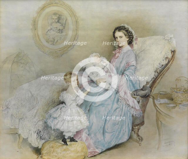 Empress Elisabeth and her children, Gisela and Rudolf, 1858. Creator: Kriehuber; Josef (1800-1876).