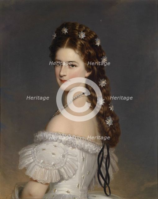 Empress Elisabeth of Austria with Diamond stars in her hair, ca 1860. Artist: Winterhalter, Franz Xavier (1805-1873)