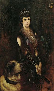 Empress Elisabeth with St. Bernard dog, 1883. Creator: Anton Romako