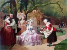 Empress Eugenie presented with bouquet by peasant girl. Artist: J Carand