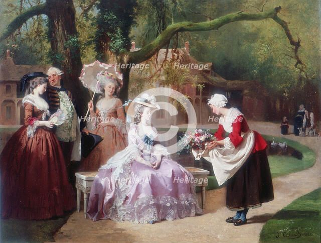 Empress Eugenie presented with bouquet by peasant girl. Artist: J Carand