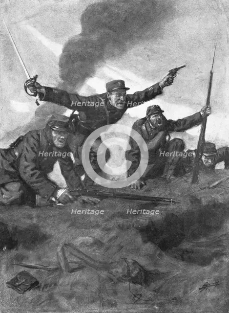 'En Champagne; Le 16 Fevrier 1915, nos troupes sortent des tranchees', 1915. Creator: Lucien Jonas.