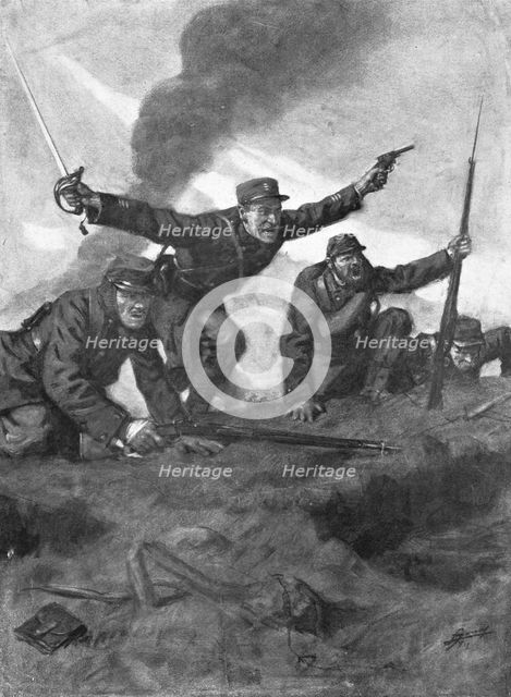 'En Champagne; Le 16 Fevrier 1915, nos troupes sortent des tranchees', 1915. Creator: Lucien Jonas.